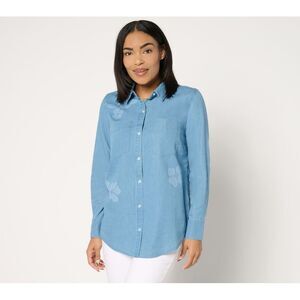 Studio Park Women's Top Sz XS 100% Cotton Stamped Chambray Shirt Blue